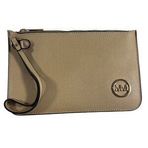 Marilyn Monroe Tan Wristlet Clutch Gold Tone Logo Faux Leather Zip Close